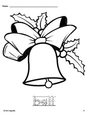 Free printable bell Christmas coloring page and word tracing worksheet, letter formation guides, perfect for preschool, pre-k, and kindergarten