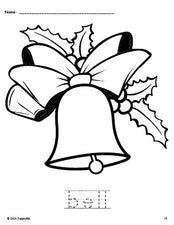 Free printable bell Christmas coloring page and word tracing worksheet, perfect for preschool, pre-k, and kindergarten