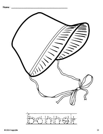 Free printable bonnet Thanksgiving coloring page and word tracing worksheet, letter formation guides, perfect for preschool, pre-k, and kindergarten