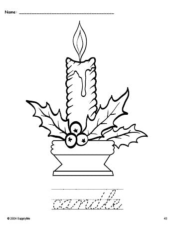 Free printable candle Christmas coloring page and cursive word tracing worksheet, perfect for preschool, pre-k, and kindergarten