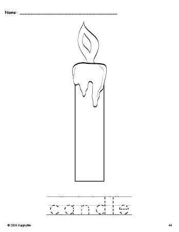 Free printable candle Christmas coloring page and word tracing worksheet, perfect for preschool, pre-k, and kindergarten