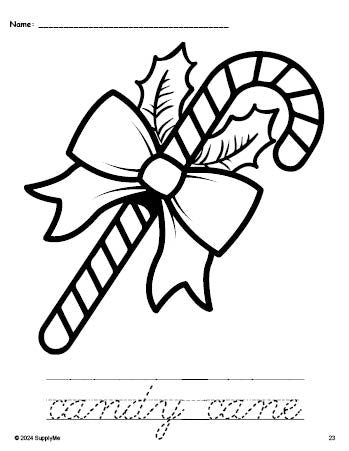 Free printable candy cane Christmas coloring page and cursive word tracing worksheet, perfect for preschool, pre-k, and kindergarten