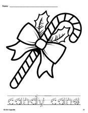 Free printable candy cane Christmas coloring page and word tracing worksheet, letter formation guides, perfect for preschool, pre-k, and kindergarten