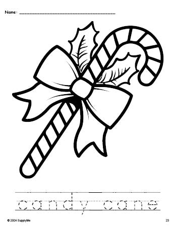 Free printable candy cane Christmas coloring page and word tracing worksheet, perfect for preschool, pre-k, and kindergarten