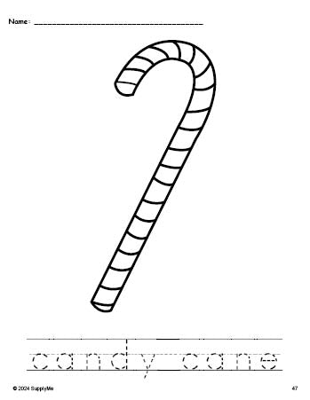 Free printable candy cane Christmas coloring page and word tracing worksheet, perfect for preschool, pre-k, and kindergarten