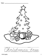 Free printable Christmas tree Christmas coloring page and cursive word tracing worksheet, perfect for preschool, pre-k, and kindergarten