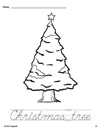 Free printable Christmas tree Christmas coloring page and cursive word tracing worksheet, perfect for preschool, pre-k, and kindergarten