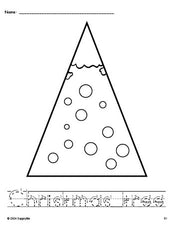 Free printable Christmas tree Christmas coloring page and word tracing worksheet, letter formation guides, perfect for preschool, pre-k, and kindergarten