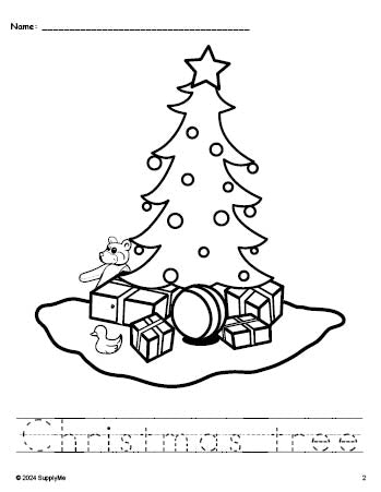 Free printable Christmas tree Christmas coloring page and word tracing worksheet, perfect for preschool, pre-k, and kindergarten