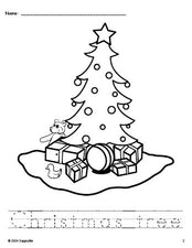 Free printable Christmas tree Christmas coloring page and word tracing worksheet, perfect for preschool, pre-k, and kindergarten