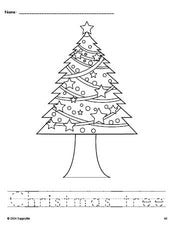 Free printable Christmas tree Christmas coloring page and word tracing worksheet, perfect for preschool, pre-k, and kindergarten