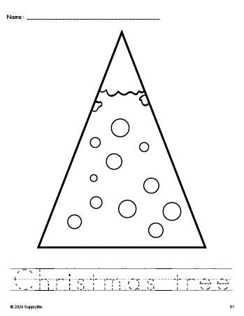 Free printable Christmas tree Christmas coloring page and word tracing worksheet, perfect for preschool, pre-k, and kindergarten