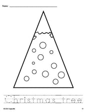 Free printable Christmas tree Christmas coloring page and word tracing worksheet, perfect for preschool, pre-k, and kindergarten