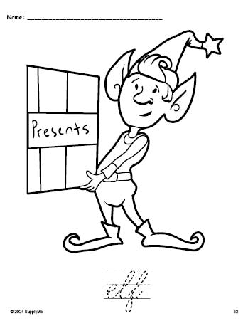 Free printable elf Christmas coloring page and cursive word tracing worksheet, perfect for preschool, pre-k, and kindergarten