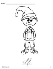 Free printable elf Christmas coloring page and cursive word tracing worksheet, perfect for preschool, pre-k, and kindergarten