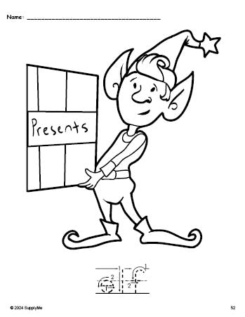 Free printable elf Christmas coloring page and word tracing worksheet, letter formation guides, perfect for preschool, pre-k, and kindergarten