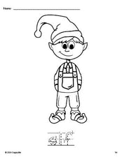 Free printable elf Christmas coloring page and word tracing worksheet, letter formation guides, perfect for preschool, pre-k, and kindergarten