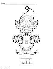 Free printable elf Christmas coloring page and word tracing worksheet, perfect for preschool, pre-k, and kindergarten