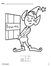 Free printable elf Christmas coloring page and word tracing worksheet, perfect for preschool, pre-k, and kindergarten