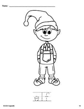 Free printable elf Christmas coloring page and word tracing worksheet, perfect for preschool, pre-k, and kindergarten