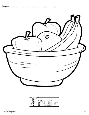 Free printable fruit Thanksgiving coloring page and word tracing worksheet, letter formation guides, perfect for preschool, pre-k, and kindergarten