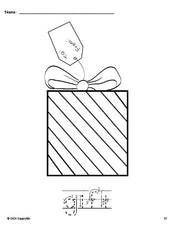 Free printable gift Christmas coloring page and word tracing worksheet, letter formation guides, perfect for preschool, pre-k, and kindergarten