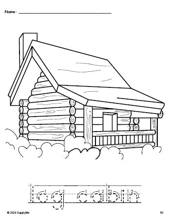 Free printable log cabin Thanksgiving coloring page and word tracing worksheet, letter formation guides, perfect for preschool, pre-k, and kindergarten