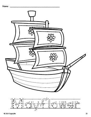 Free printable Mayflower Thanksgiving coloring page and word tracing worksheet, letter formation guides, perfect for preschool, pre-k, and kindergarten