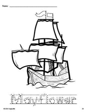 Free printable Mayflower Thanksgiving coloring page and word tracing worksheet, letter formation guides, perfect for preschool, pre-k, and kindergarten