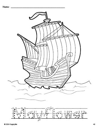 Free printable Mayflower Thanksgiving coloring page and word tracing worksheet, letter formation guides, perfect for preschool, pre-k, and kindergarten