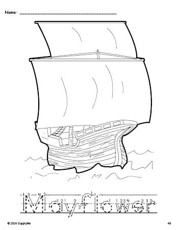 Free printable Mayflower Thanksgiving coloring page and word tracing worksheet, letter formation guides, perfect for preschool, pre-k, and kindergarten