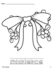 Free printable mistletoe Christmas coloring page and word tracing worksheet, letter formation guides, perfect for preschool, pre-k, and kindergarten