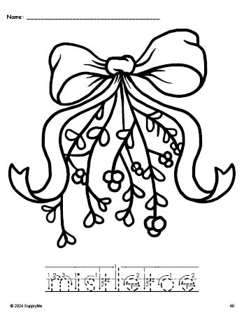 Free printable mistletoe Christmas coloring page and word tracing worksheet, letter formation guides, perfect for preschool, pre-k, and kindergarten