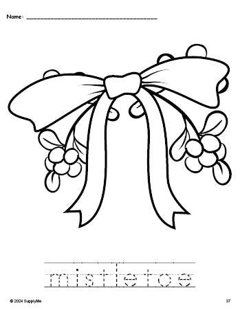 Free printable mistletoe Christmas coloring page and word tracing worksheet, perfect for preschool, pre-k, and kindergarten