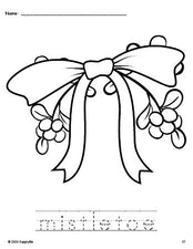 Free printable mistletoe Christmas coloring page and word tracing worksheet, perfect for preschool, pre-k, and kindergarten