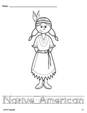 Free printable Native American Thanksgiving coloring page and word tracing worksheet, letter formation guides, perfect for preschool, pre-k, and kindergarten