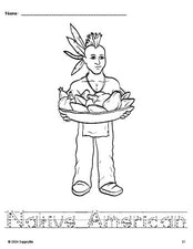 Free printable Native American Thanksgiving coloring page and word tracing worksheet, letter formation guides, perfect for preschool, pre-k, and kindergarten