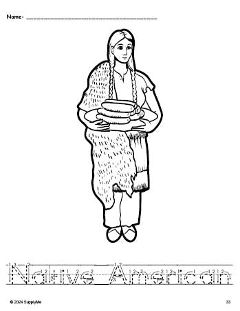 Free printable Native American Thanksgiving coloring page and word tracing worksheet, letter formation guides, perfect for preschool, pre-k, and kindergarten