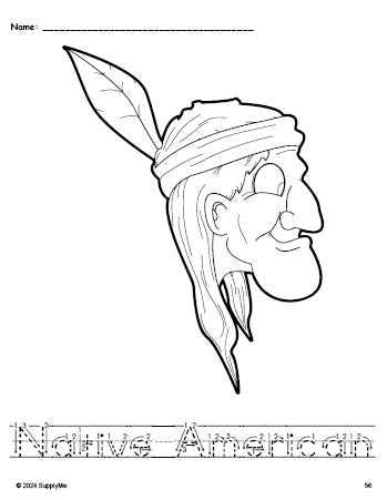 Free printable Native American Thanksgiving coloring page and word tracing worksheet, letter formation guides, perfect for preschool, pre-k, and kindergarten