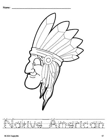 Free printable Native American Thanksgiving coloring page and word tracing worksheet, letter formation guides, perfect for preschool, pre-k, and kindergarten