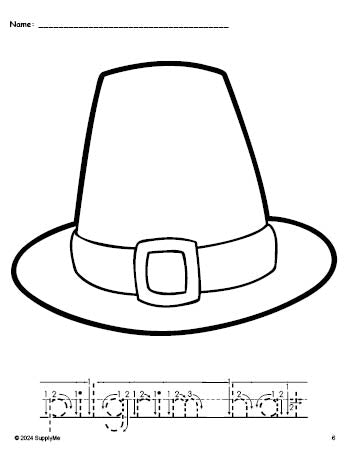 Free printable pilgrim hat Thanksgiving coloring page and word tracing worksheet, letter formation guides, perfect for preschool, pre-k, and kindergarten