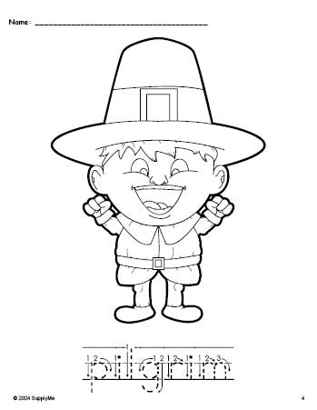 Free printable pilgrim Thanksgiving coloring page and word tracing worksheet, letter formation guides, perfect for preschool, pre-k, and kindergarten