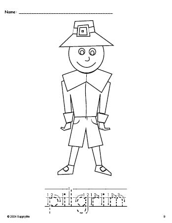 Free printable pilgrim Thanksgiving coloring page and word tracing worksheet, letter formation guides, perfect for preschool, pre-k, and kindergarten