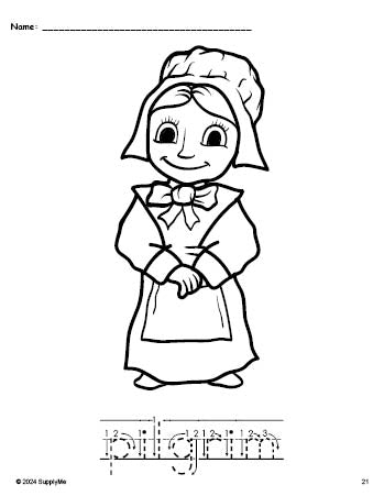 Free printable pilgrim Thanksgiving coloring page and word tracing worksheet, letter formation guides, perfect for preschool, pre-k, and kindergarten