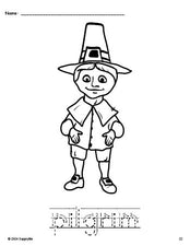 Free printable pilgrim Thanksgiving coloring page and word tracing worksheet, letter formation guides, perfect for preschool, pre-k, and kindergarten