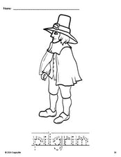 Free printable pilgrim Thanksgiving coloring page and word tracing worksheet, letter formation guides, perfect for preschool, pre-k, and kindergarten