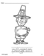 Free printable pilgrim Thanksgiving coloring page and word tracing worksheet, letter formation guides, perfect for preschool, pre-k, and kindergarten