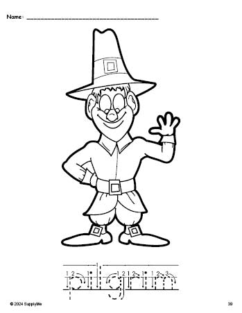 Free printable pilgrim Thanksgiving coloring page and word tracing worksheet, letter formation guides, perfect for preschool, pre-k, and kindergarten