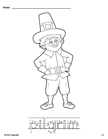 Free printable pilgrim Thanksgiving coloring page and word tracing worksheet, letter formation guides, perfect for preschool, pre-k, and kindergarten