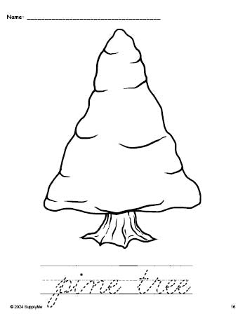 Free printable pine tree winter coloring page and cursive word tracing worksheet, perfect for preschool, pre-k, and kindergarten